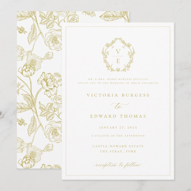 Invitation Regency Era Gold Crest Monogram Mariage (Devant / Derrière)