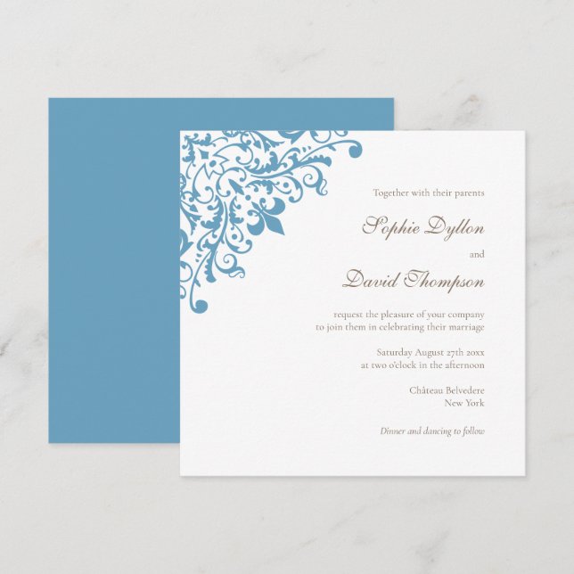 Invitation Regency French Blue Fleur de Lis Carré (Devant / Derrière)