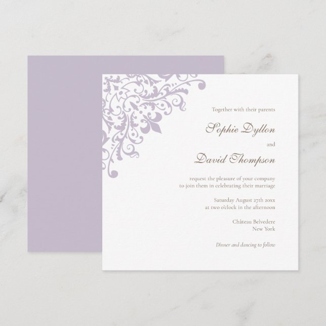 Invitation Regency violet de France Fleur de Lis Carré (Devant / Derrière)