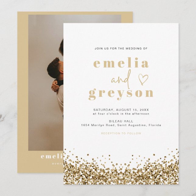 Invitation REGINA Glam Yellow Gold Sequins Disco Mariage (Devant / Derrière)