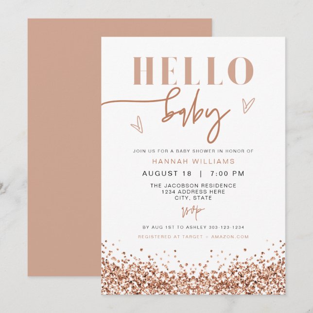 Invitation REGINA Hello Baby Rose Gold Sequin Baby shower (Devant / Derrière)