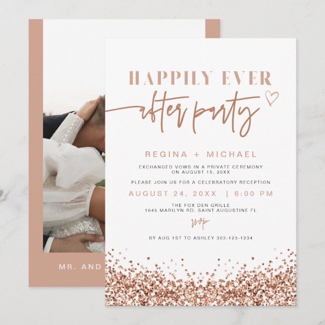 Invitation REGINA Rose Gold Sequin Elopement Réception Invit (Devant / Derrière)