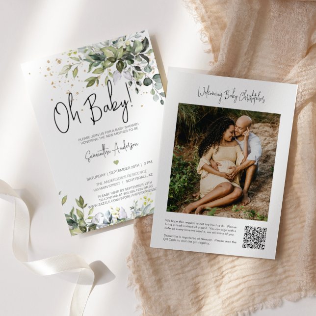 Invitation Registre des Baby showers Feuille de verdure Code  (Créateur téléchargé)