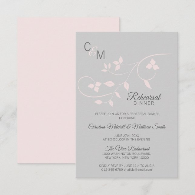 Invitation REHEARSAL DÎNER Pastel Rose rose Grey Mariage (Devant / Derrière)
