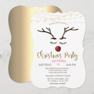 Invitation Reindeder Face, String Lights Gold Christmas Compa