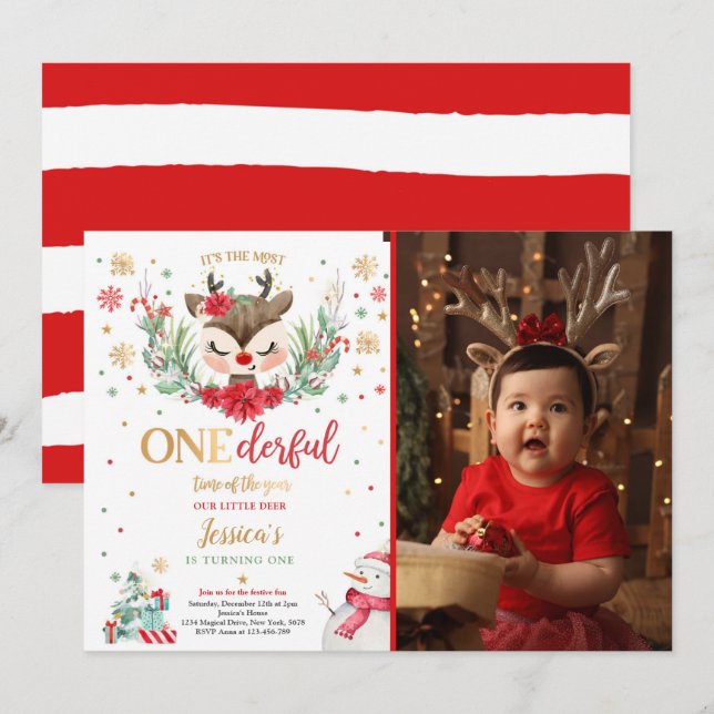 Invitation Reindeer Noël 1er anniversaire Red Winter Deer (Devant / Derrière)
