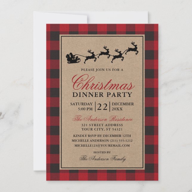 Invitation Reinder rouge Plaid Dîner de Noël (Devant)