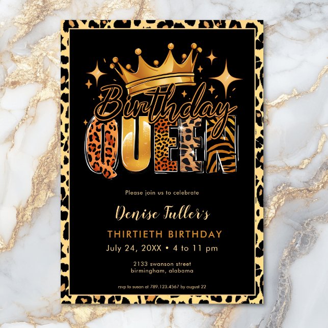 Invitation Reine d'anniversaire Fun Leopard Trente ans (Fun Leopard Birthday Queen Thirty Birthday Invitation)