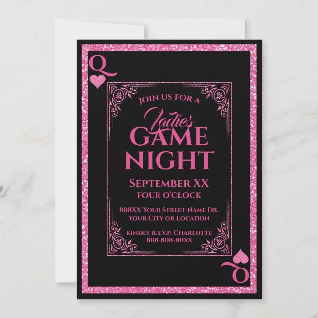 Invitation Reine des Coeurs Rose et Noir Dames Jeu Nuit de Da (Devant)