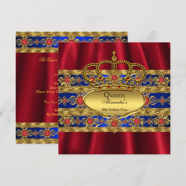 Invitation Reine King Prince Royal Blue Regal Red Crown (Devant / Derrière)