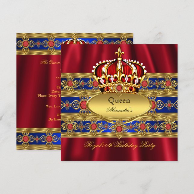 Invitation Reine King Prince Royal Blue Regal Red Crown 2 (Devant / Derrière)