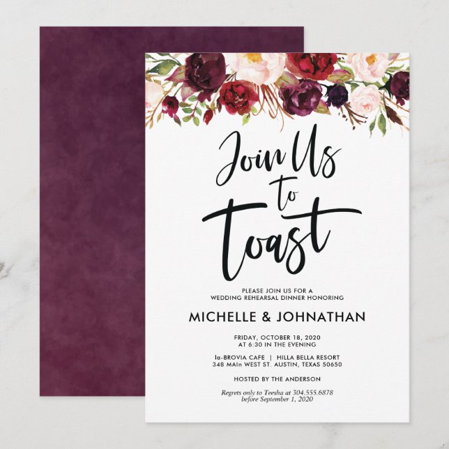 Invitation Rejoignez-nous pour trinquer, Dîner de répétition  (Devant / Derrière)