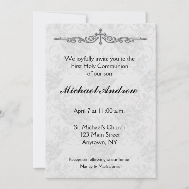 Invitation religieuse Grey Damask (Devant)