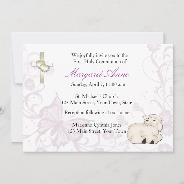 Invitation religieuse pourpre d'agneau de bébé (Devant)