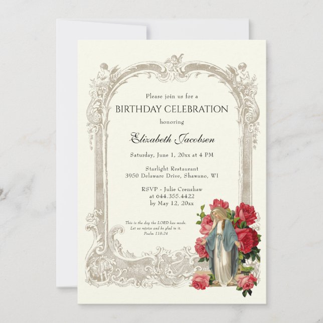 Invitation Religieux Anniversaire Élégant Rouge Roses Anges (Devant)