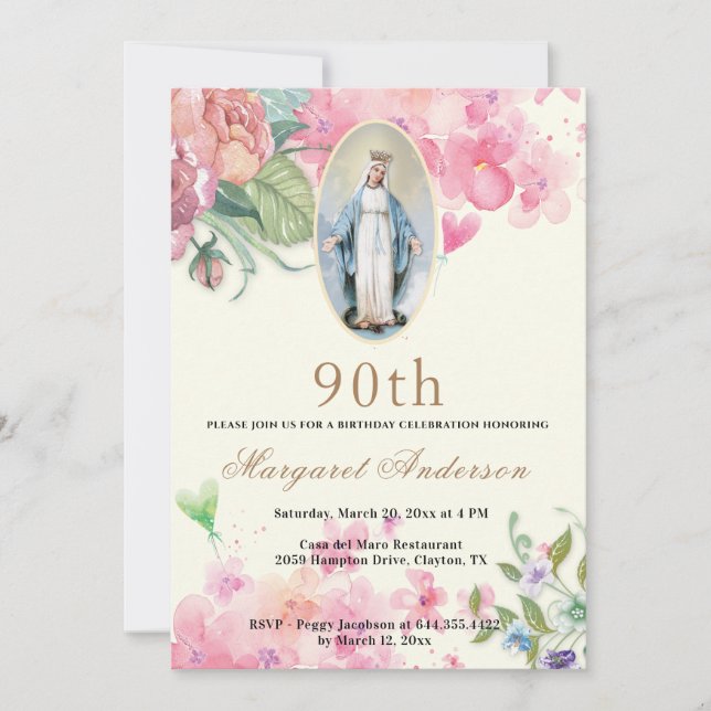 Invitation Religieux Anniversaire Vierge Marie Écriture Flora (Devant)