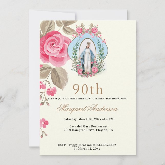Invitation Religieux Anniversaire Vierge Marie Écriture Rose  (Devant)