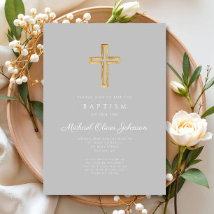 Invitation Religieux Croix Gris Script Garçon Baptême