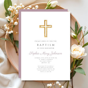Invitation Religieux Croix violet Script Girl Baptême