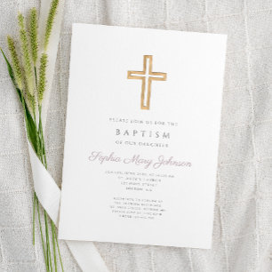Invitation Religieux Croix violet Script Girl Baptême