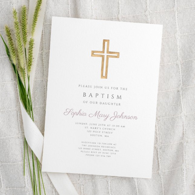 Invitation Religieux Croix violet Script Girl Baptême (Religious Cross Purple Script Girl Baptism Invitation)