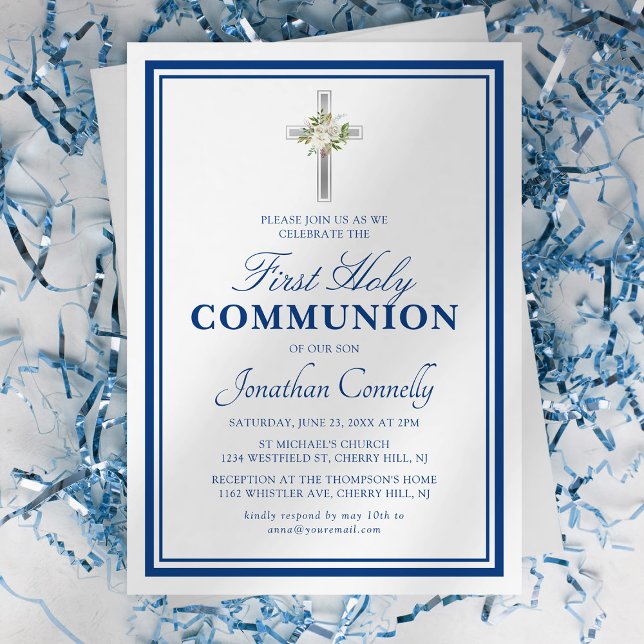 Invitation Religieux Garçon Argent Bleu Première Sainte Commu (Créateur téléchargé)