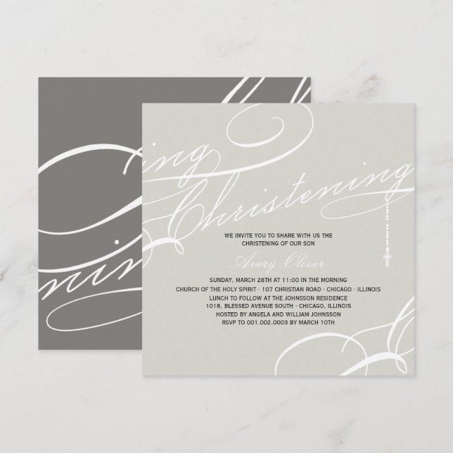 Invitation Religieux gris croisé moderne de baptême préétabli (Devant / Derrière)