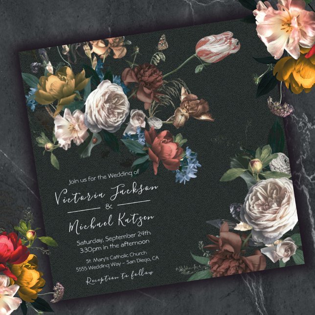 Invitation Rembrandt Floral Dark & Moody Carré Mariage (Créateur téléchargé)