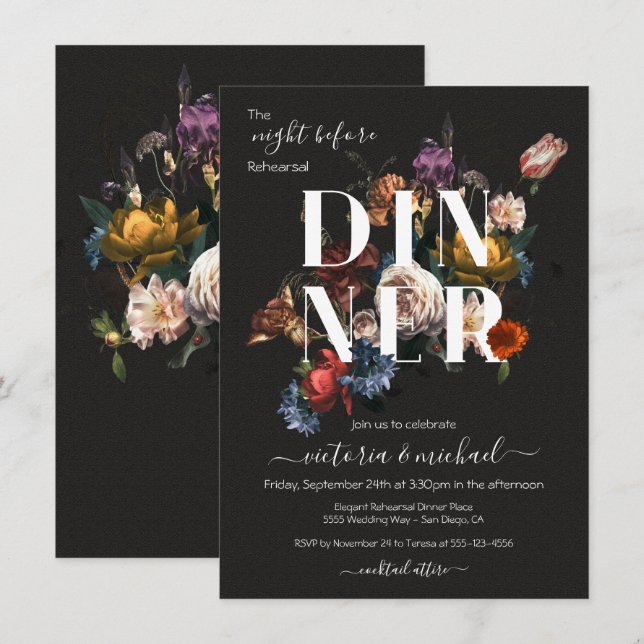 Invitation Rembrandt Floral Dark & Moody Reply Dinner (Devant / Derrière)