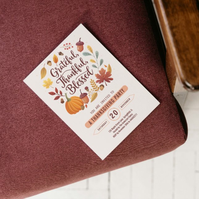 Invitation Remercié Reconnaissant Bénis feuille Thanksgiving  (Thankful Grateful Blessed leaf Thanksgiving Fall Invitation funny quote give thanks wreath autumn )