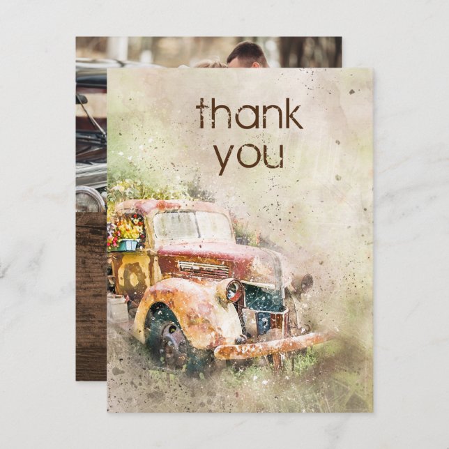 Invitation Remerciement de mariage avec un vieux camion rusti (Devant / Derrière)