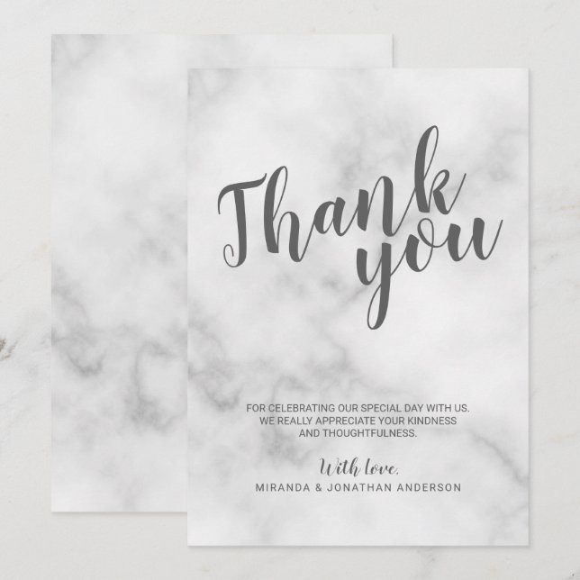 Invitation Remerciement de mariage en marbre blanc élégant et (Devant / Derrière)