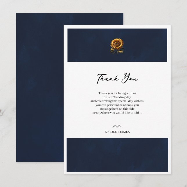 Invitation Remerciement de mariage Tournesol Rustique Bleu (Devant / Derrière)