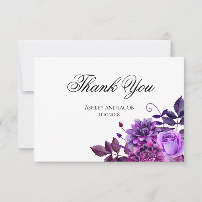 Invitation Remerciement floral. Note de mariage fleurs violet (Devant)