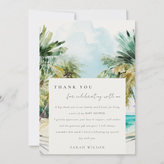 Invitation Remerciement pour Baby Shower Plage Tropicale Palm (Devant)