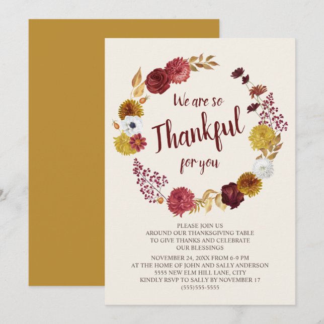 Invitation Remerciements Thanksgiving Bourgogne Gold Floral (Devant / Derrière)