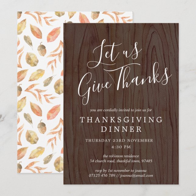 Invitation Remercions Script Wood Thanksgiving Dîner (Devant / Derrière)
