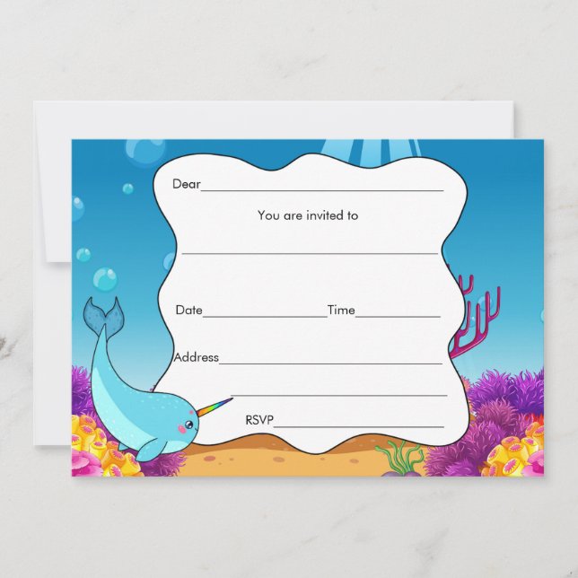 Invitation Remplir l'invitation à blanc narwahal sous la mer (Devant)