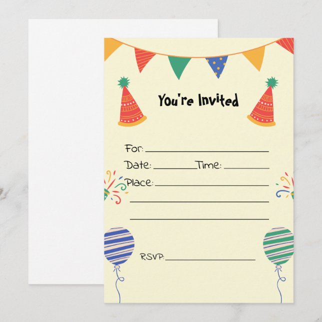 Invitation Remplir l'invitation d'anniversaire vide (Devant / Derrière)