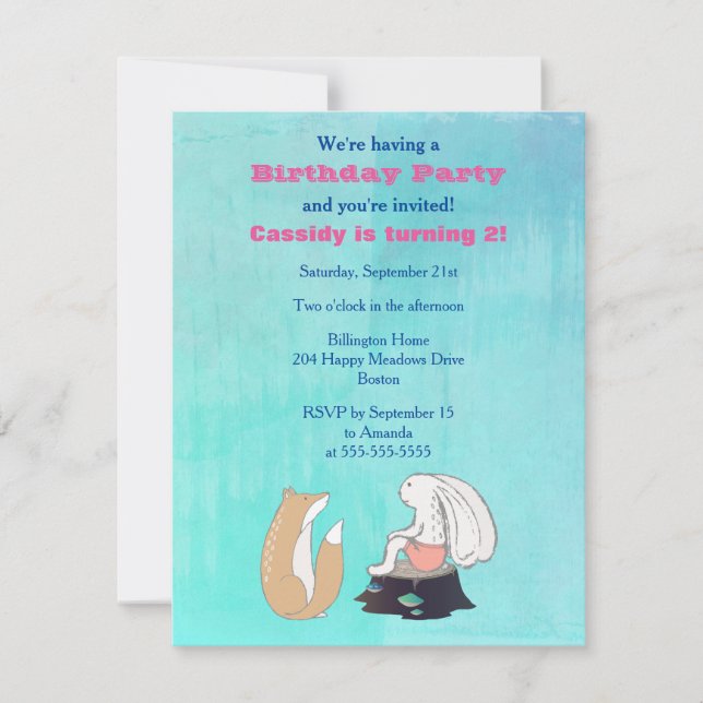 Invitation Renard adorable et lapin Illustré fête d'anniversa (Devant)