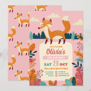Invitation Renard Anniversaire Forêt Thème Woods Rose Girl