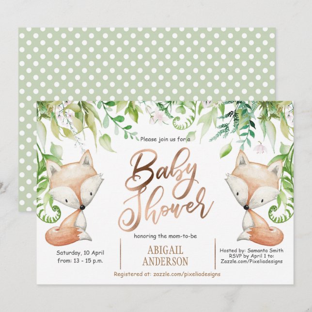 Invitation Renard boisé, verdure, Rose Gold Baby Boy Douche (Devant / Derrière)