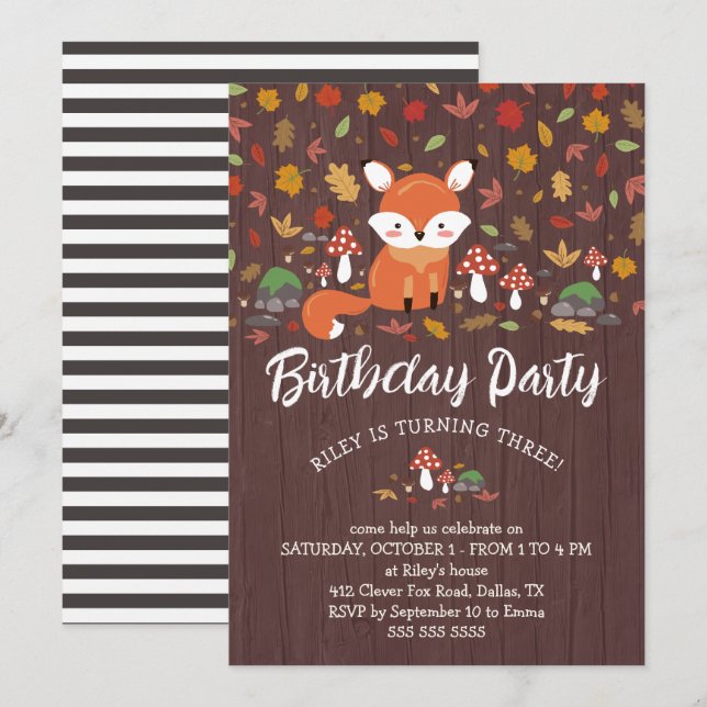 Invitation Renard d'automne Enfants Woodland fête d'anniversa (Devant / Derrière)