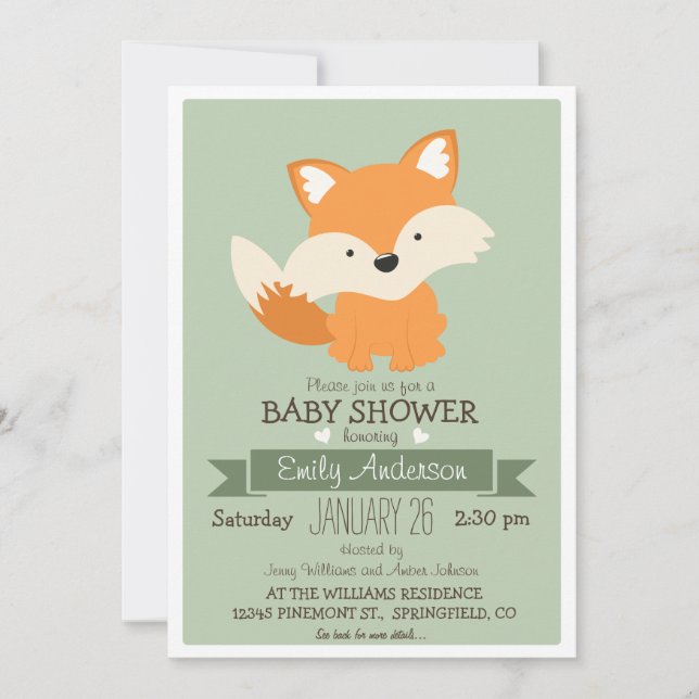 Invitation Renard de bébé, Baby shower de bois ou arrosage (Devant)