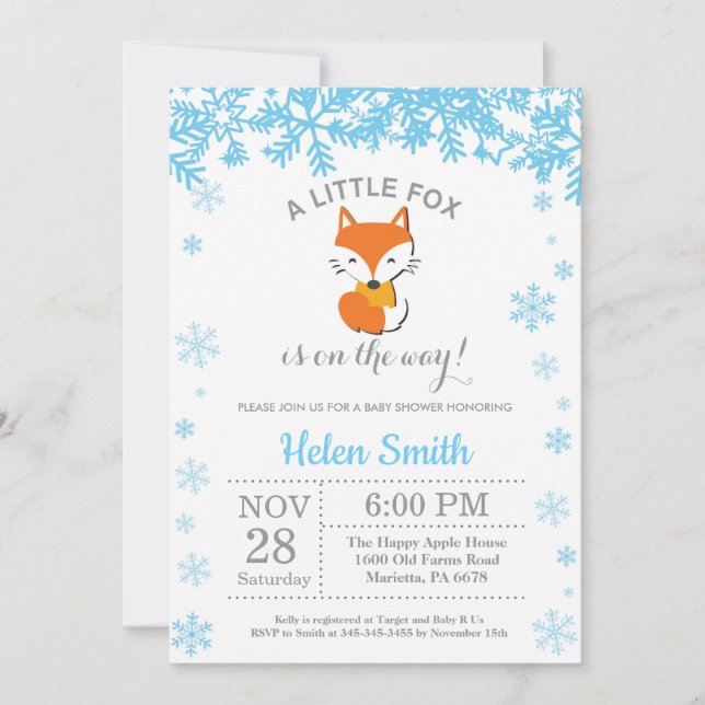 Invitation Renard Hiver Bleu Garçon Baby Shower Flocon de Nei (Devant)