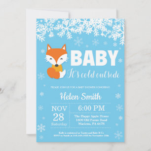 Invitation Renard Hiver Bleu Garçon Baby Shower Flocon de Nei