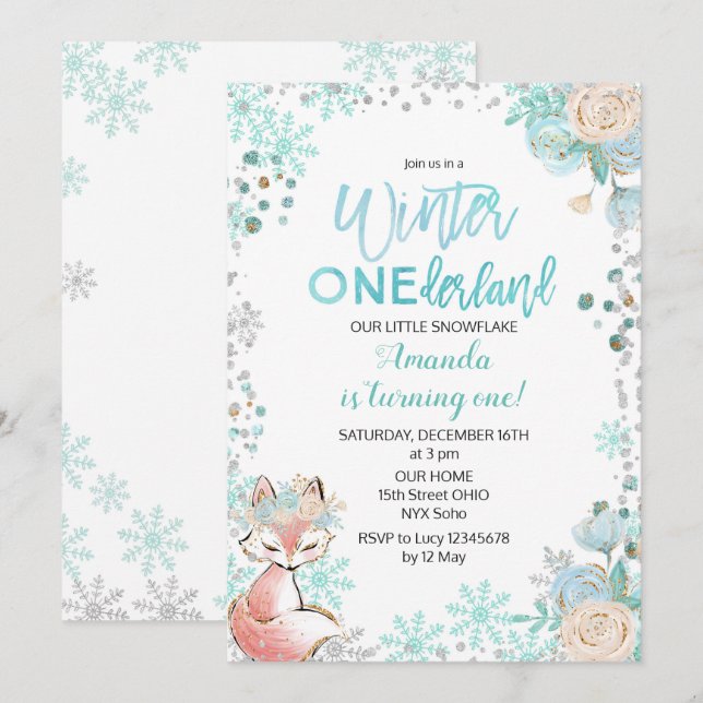 Invitation Renard Winter ONE derland Neige Birthday Invitatio (Devant / Derrière)