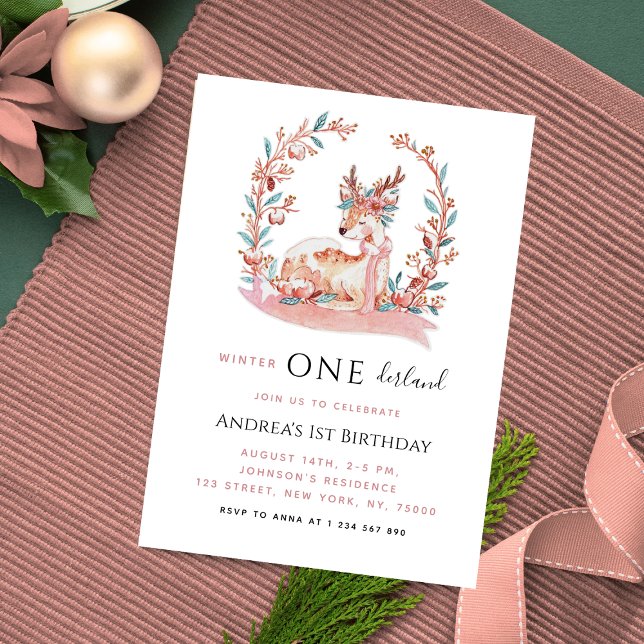 Invitation Rennes roses Hiver Onederland Fille 1er anniversai (Créateur téléchargé)