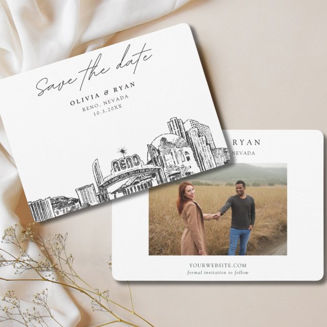 Invitation Reno Mariage Downtown Skyline Enregistrer la date (Reno wedding save the date with engagement photo and downtown skyline sketch)