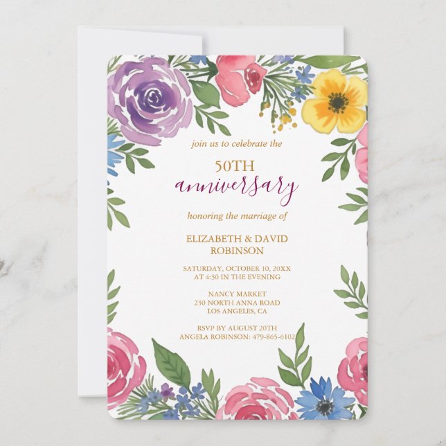 Invitation renouvellement de la fleur d'aquarelle 50e anniver (Devant)